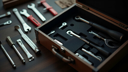 Fototapeta premium Open Toolbox with Organized Tools: Precision, Durability & Craftsmanship - Stock Photo Concept with Empty Space for Text