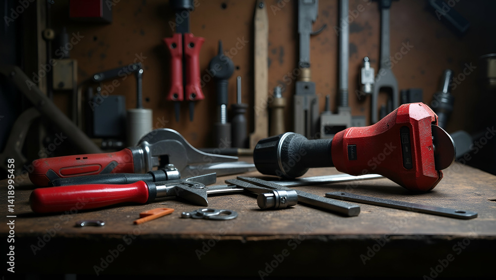 Poster precision engineering tools on robust workbench: expert craftsmanship & durability for professional 