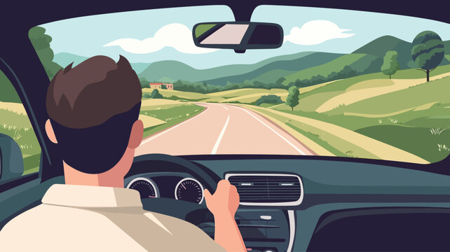 This image shows a first-person view of the interior of a car, depicting the driver behind the wheel. The focus is on the driver's back and hands gripping the steering wheel.