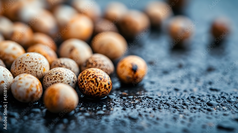 Poster closeup of a cluster of delicate snail eggs on a wet surface with soft focus background