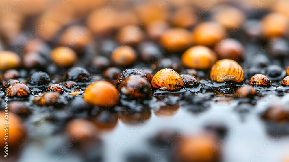 Poster cluster of snail eggs glistening on wet surface with soft focus