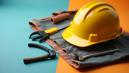 Professional Safety Helmet and Tools: A Balanced Composition Signifying Expertise and Efficiency on the Jobsite with Empty Space for Text