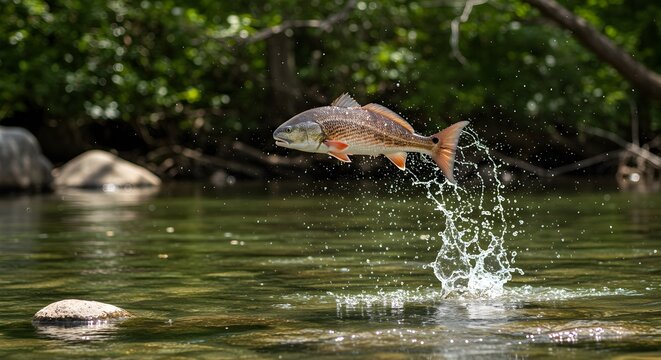 Redfish leaping out of the water, displaying aquatic athleticism and exuberance
