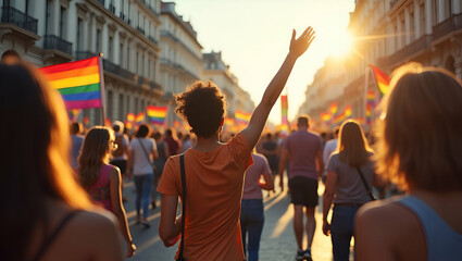 Elegant Pride Month Marching Crowd Scene: Capturing Refined Communal Energy, Vibrant Diverse Participation & Culturally Empowered Activism in Premium High-Resolution Photostock Imagery.