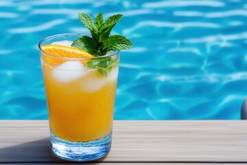 Poolside cozy chair refreshing drink Refreshing cocktail by the poolside with mint and orange garnish.