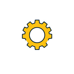 Clean logo design a yellow settings gear icon, featuring a thick black outline, against a white background. The style is flat vector, with geometric shapes and symmetrical layout