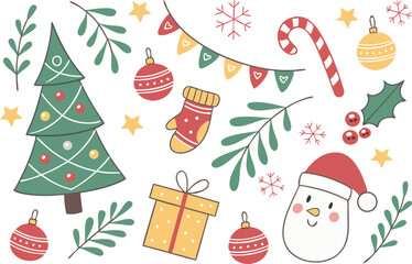 Merry and Bright Christmas Clipart Set for Holiday Designs. Festive Christmas Clipart Bundle with Gifts Trees and Ornaments. Cheerful Christmas Clipart Pack for Cards and Crafts