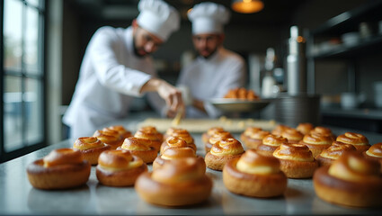 Skilled Culinary Professionals Crafting Exquisite Baked Delicacies and Artistic Pastry Arrangements in Modern Kitchens - Precision and Creativity Showcase with Empty Space