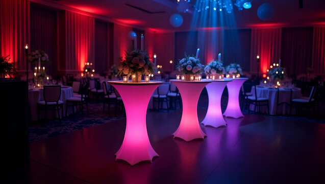 Dynamic Prom Venue Decoration: Modern Lighting, Creative Table Designs & Thematic Embellishments for an Unforgettable Formal Event Atmosphere - Photo Stock Concept