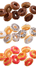 Assorted donuts with colorful icing, sprinkles, and chocolate isolated on white transparent background. 3d rendering and illustration of dessert variety