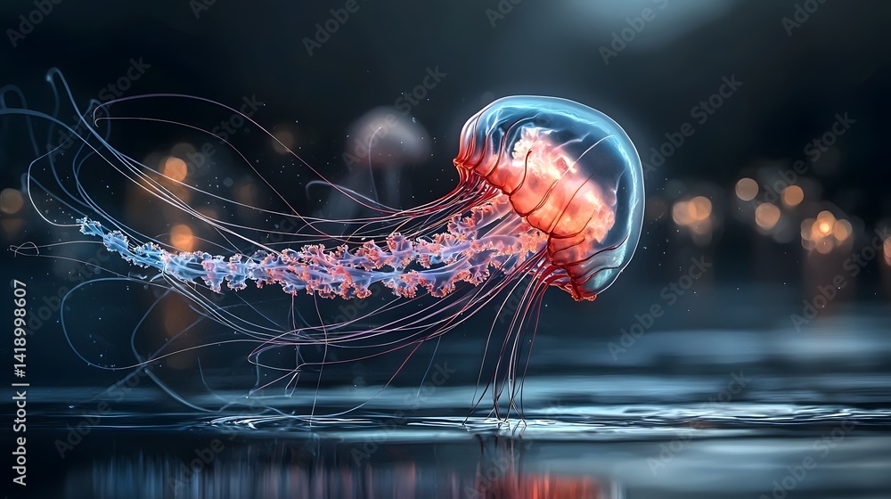 Poster mesmerizing floating jellyfish glowing softly in an ethereal dream world with a surreal fantasy ambi