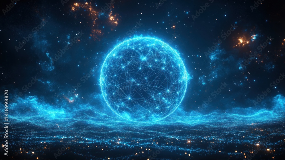 Poster futuristic digital network sphere with glowing blue nodes and lines in wireframe style on dark backg
