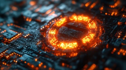 Futuristic cyberpunk digital art of malware warning symbol with binary code background in blue and orange neon lighting, emphasizing malware detection and computer security