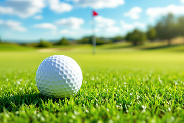 Obraz premium Close-up of white golf ball on green grass with blurred flagpole in background on sunny day, symbolizing precision and outdoor sport activity.