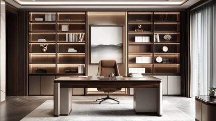 Modern executive office with bookshelves desk and luxury chair