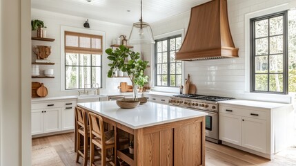 Fototapeta premium A bright and airy kitchen with island seating and decor