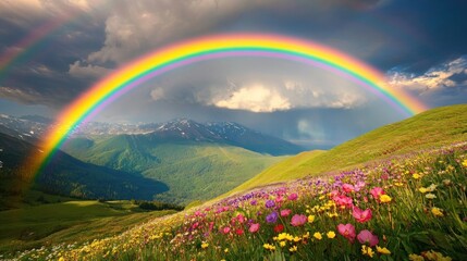 Majestic Rainbow Arching Over Vibrant Mountain Meadow