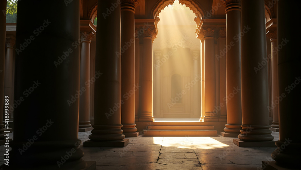 Poster buddhist light: serene luminescence from ancient temple architecture - mystic aura for calm reflecti