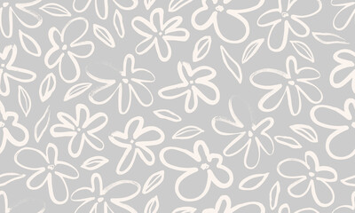 Flowers Seamless Pattern Hand Drawn Grunge Style. Minimalist Floral Background. Monochrome Flower Pattern. Nature Ornament. Botanical Design for Textile, Fabric and Wrapping Paper. Vector Illustration