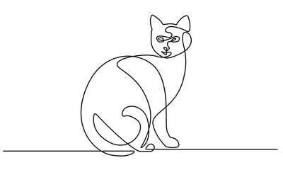 Cat Continuous One Line Drawing. Cute Cat Sitting Outline Drawing. Pet Animal Simple Line Art Vector Illustration Black Sketch Isolated on White Background for Minimalist Hand Drawn Design