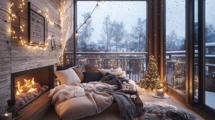Cozy balcony retreat features a fireplace during a snowy winter day