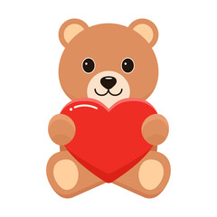 Cute teddy bear holding red heart.Happy smiling brown baby bear cartoon element clipart for valentines, birthday or any celebration.