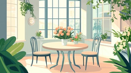 Obraz premium Sunlit room with round table, chairs, and abundant plants.