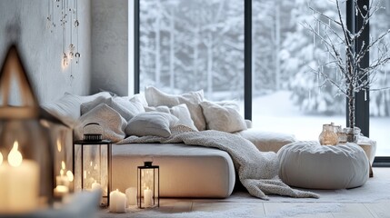 Cozy winter interior with snowy window view and lit candles