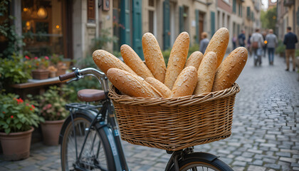  Bread delivery's rustic beauty, with a bicycle basket full of freshly baked loaves in a charming location