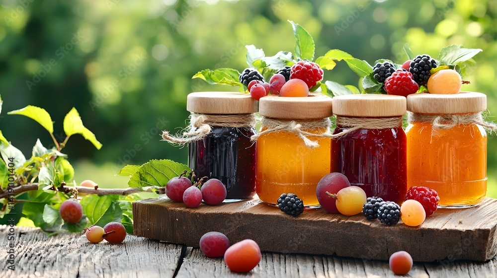 Poster rows of vibrant and colorful homemade fruit jam jars with assorted preserves and spreads displayed i