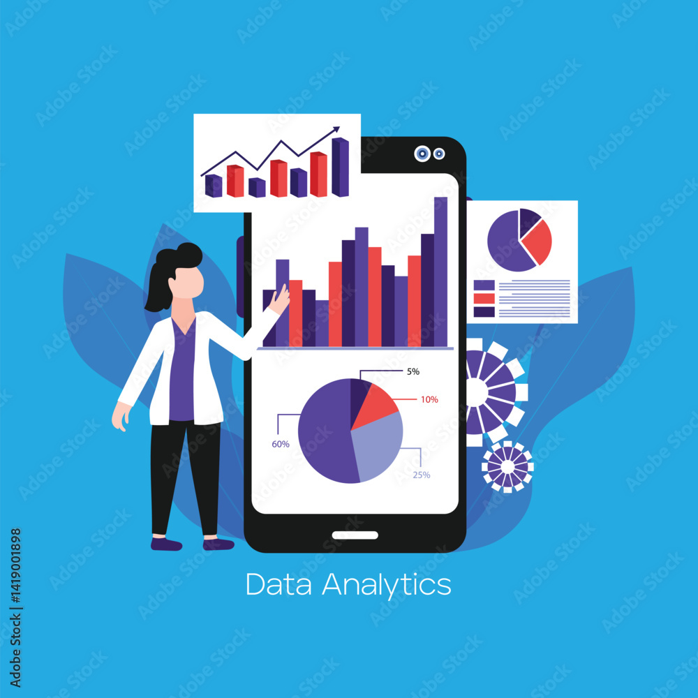 Poster businesspeople analytics and monitoring report dashboard on mobile phone application monitor concept