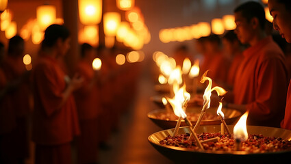 Vesak Prayer Ceremonies: Artful Incense Offerings and Meditative Chants Embodying Buddhist Devotion and Communal Faith - Photo Stock Concept with Empty Space