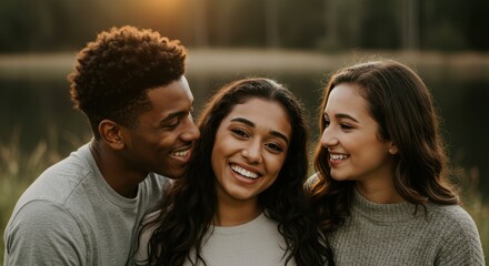 Obraz premium Happy Diverse Friends Smiling Together Outdoors at Sunset