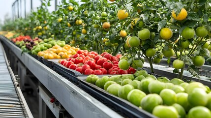 Aerial view of a large scale commercial fruit drying facility with multiple conveyor belts moving produce through the various stages of the process for efficient high volume production