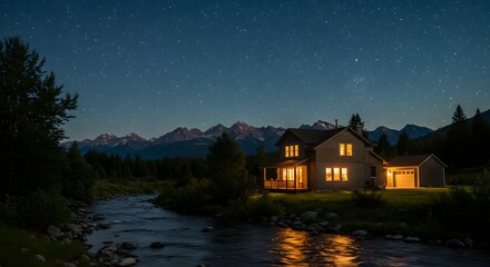 Fototapeta premium Cozy home by river under starry sky, peaceful mountain getaway at night