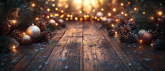 Rustic Wooden Christmas Background with Snowflakes White Ornament and Glowing String Lights Cozy Holiday Decoration