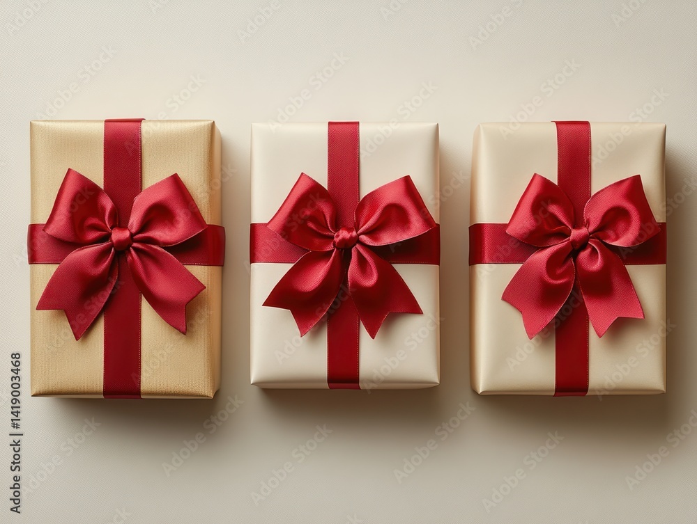 Poster three elegant gift boxes with red ribbons and bows on white background with soft shadows minimalist 