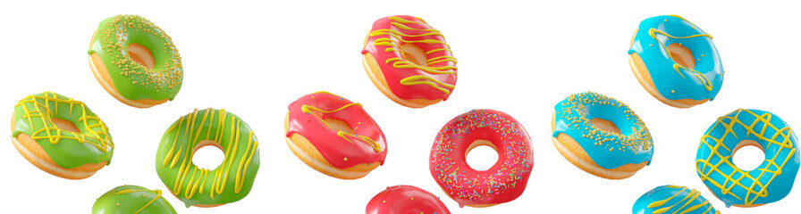 Assorted donuts with colorful icing, sprinkles, and chocolate isolated on white transparent background. 3d rendering and illustration of dessert variety
