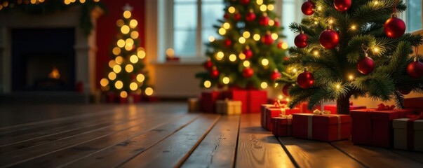 Christmas trees, ornaments, wooden floor, warm lighting, holiday setting , bright, winter