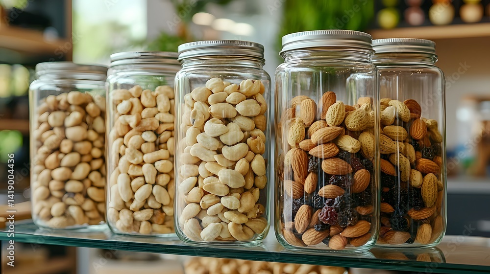Poster airtight glass jars filled with an assortment of nuts and dried fruits arranged in a simple rustic t