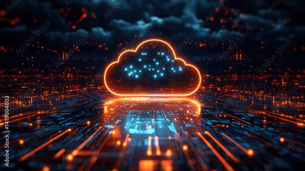 Poster secure global cloud network with neon blue connections and cyber security in futuristic digital cybe