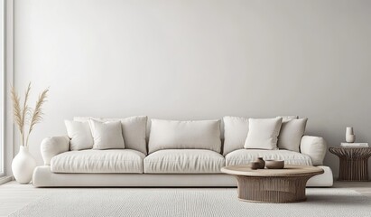 Minimalist living room with off-white sofa, wooden coffee table, and pampas grass