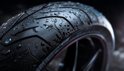 Exploring Wet Motorcycle Tire Tread: Close-up View of Water Droplets on a Black Tire Surface, Revealing Detailed Texture and Design