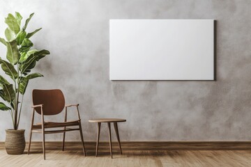 Minimalist room with chair, side table, plant, and blank canvas