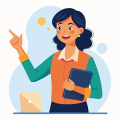 Happy stylist young woman pointing at copy space
