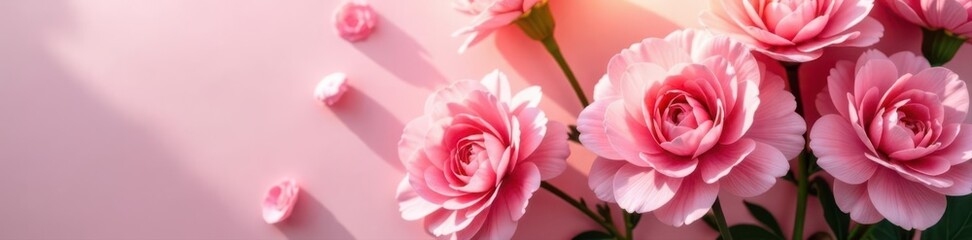Obraz premium Elegant pink carnation bouquet, sunlit Flat lay floral composition , wallpaper, petals