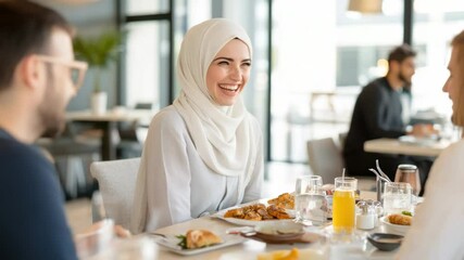 Joyful dinner conversation with young diverse friends in modern cafe setting - Powered by Adobe