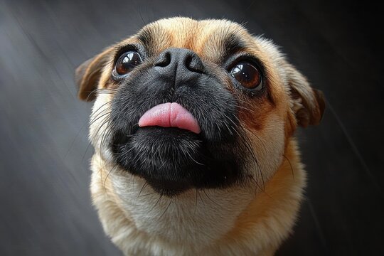 Close-up portrait of cute hungry pug puppy dog licking nose and lips with tongue on gray floor