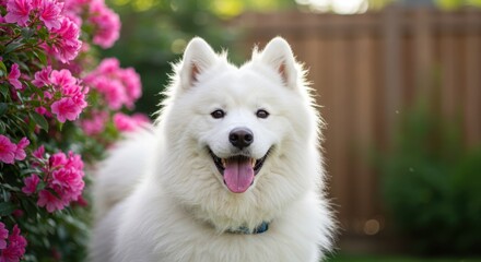 Happy Samoyed Dog in a Garden with Pink Roses
