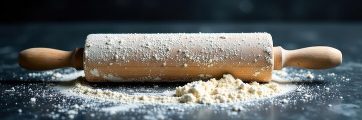 Flour-dusted rolling pin on dark surface, baking prep , rustic, cookies, dark background